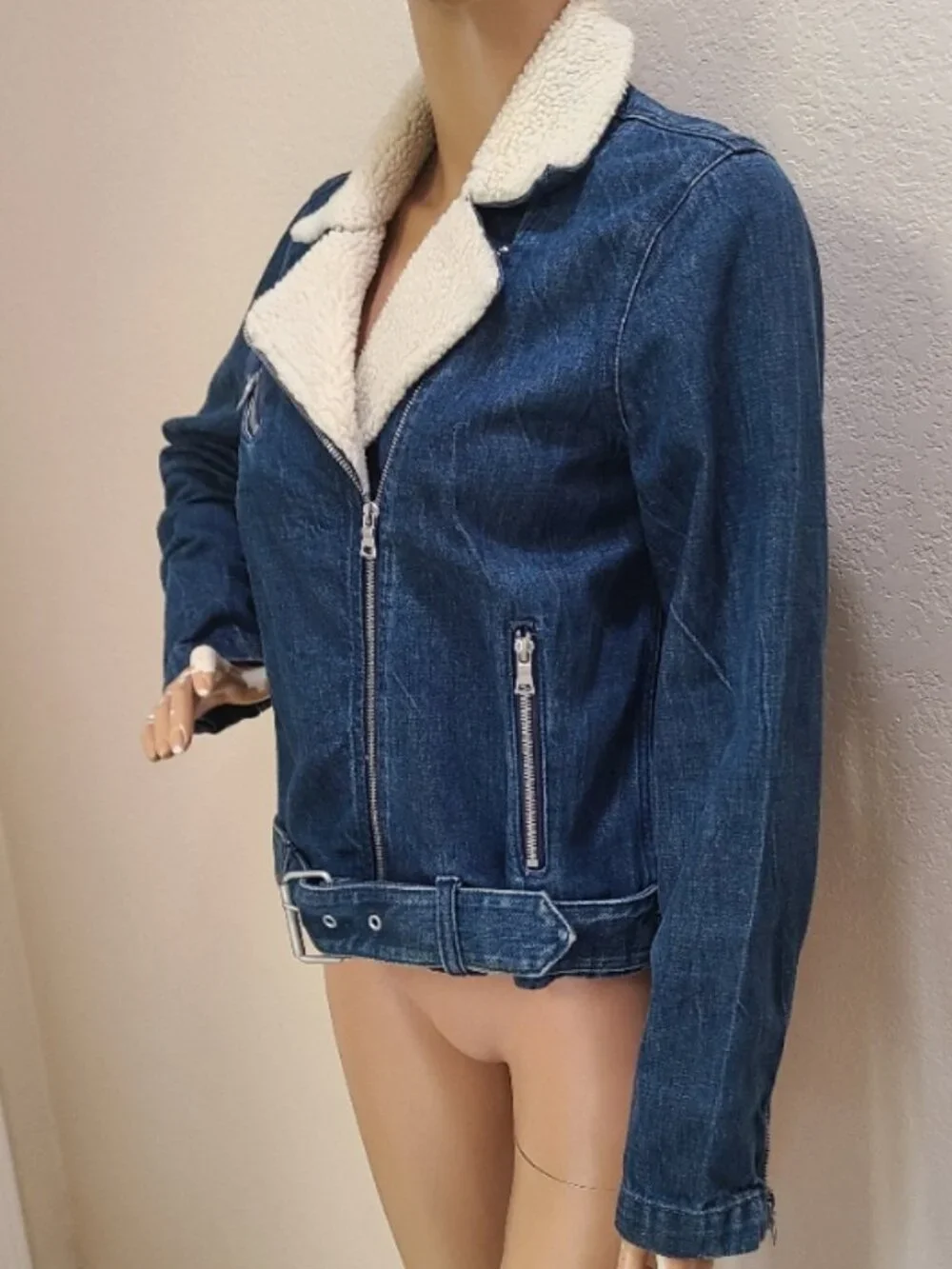 VINTAGE GAP 1969 DENIM MOTO JACKET SHEARLING COLLAR JEAN JACKET sz M - Picture 4 of 9